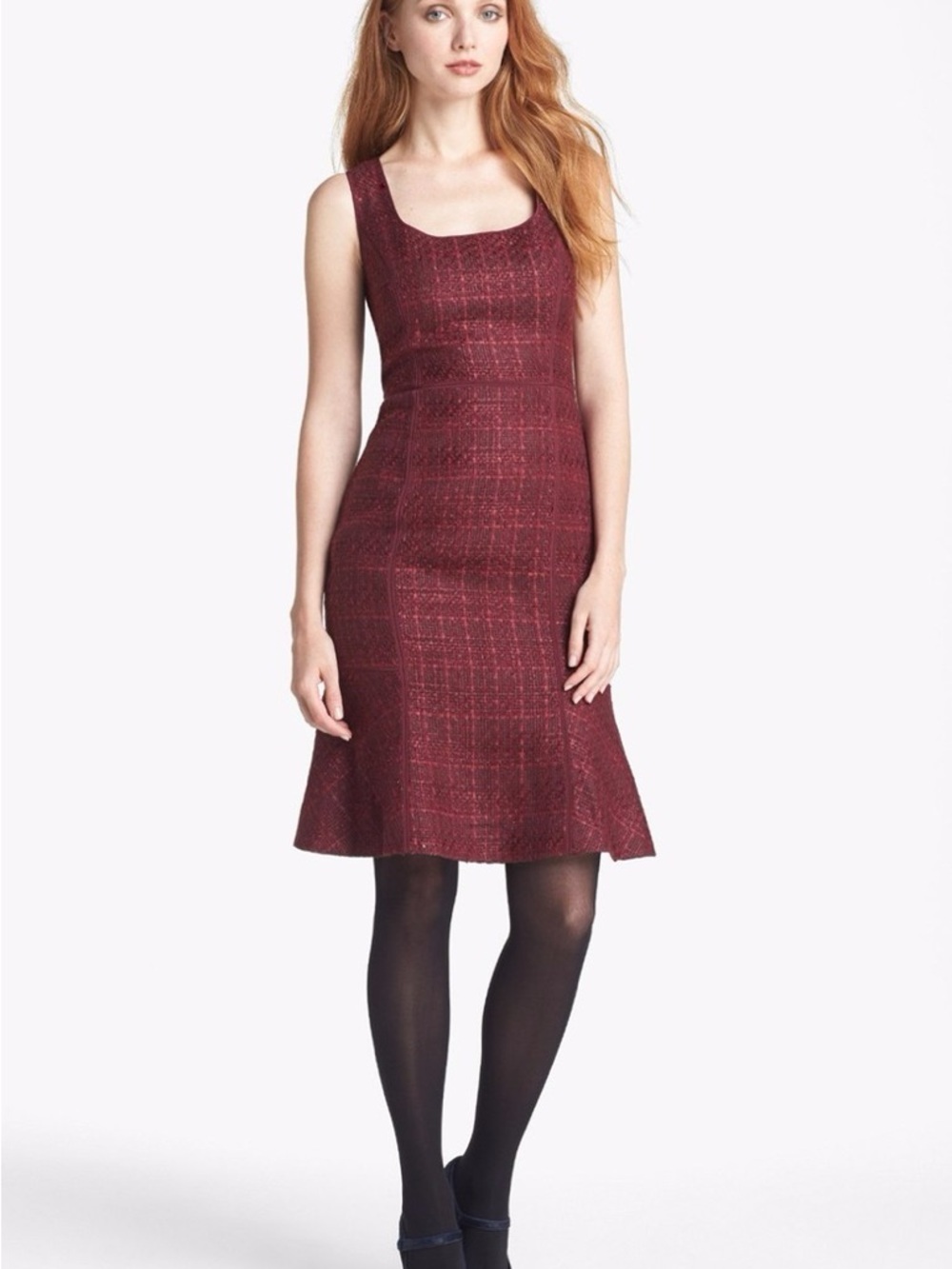 Tory Burch Drew Tweed Dress Burgundy Metallic Fit & Flare Knee Length
Size 2
